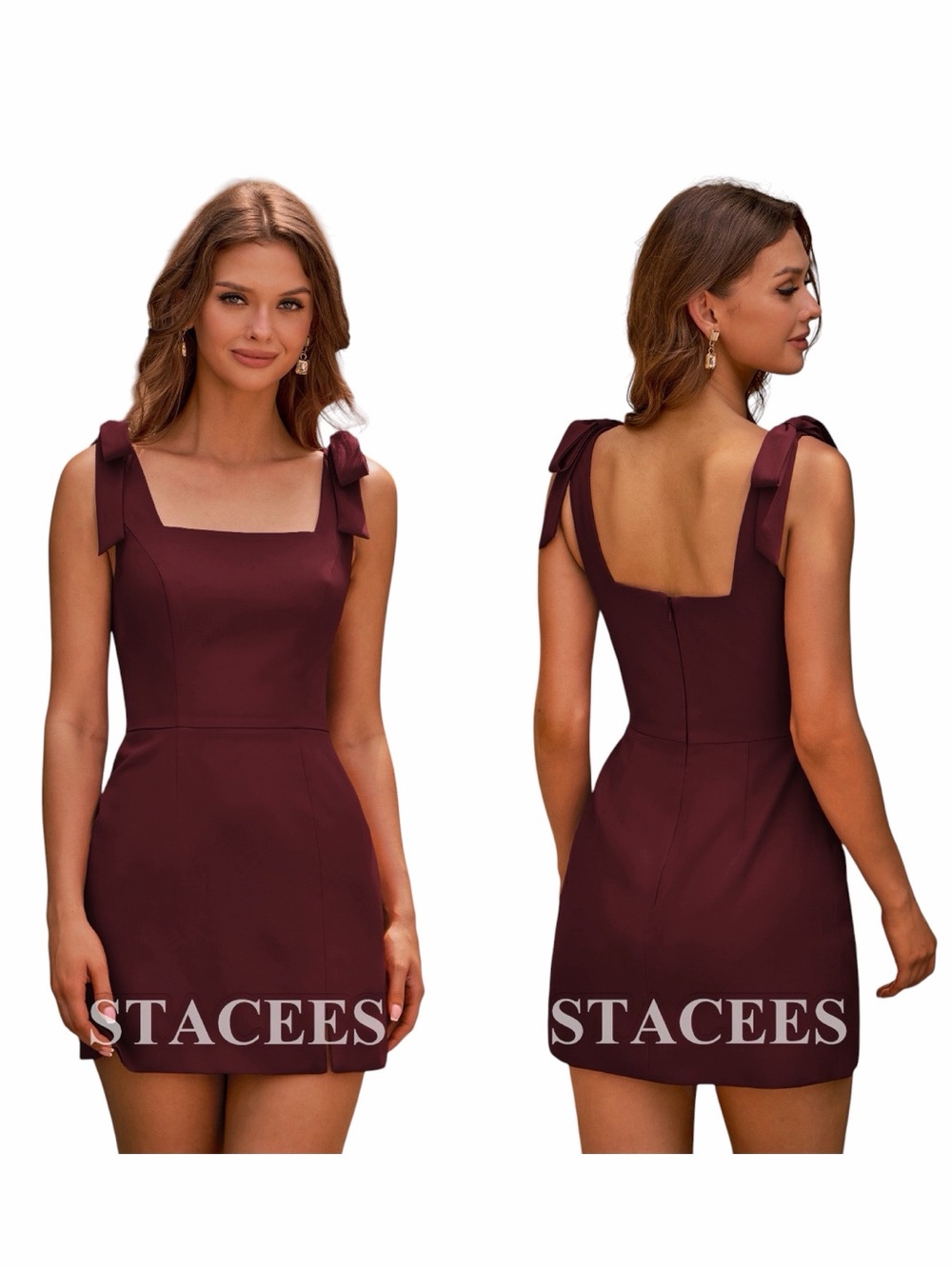 NWT! STACEES Cabernet Classic Square Neckline Stretch Crepe Bow Strap Dress. 12.